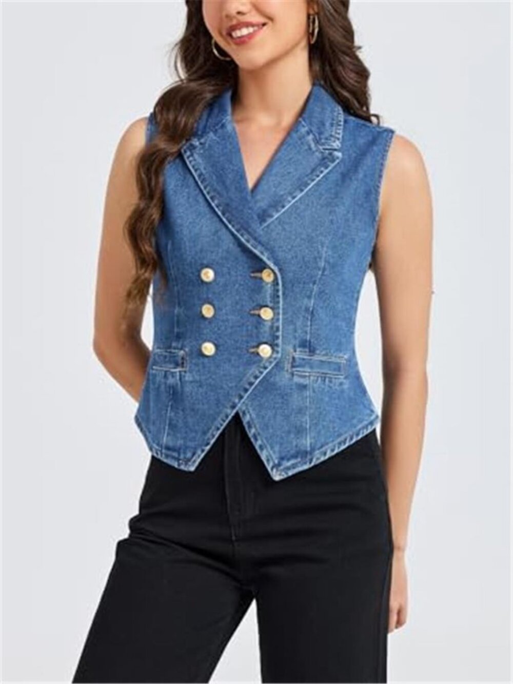 Women's Denim Vest Top Lapel V Neck Sleeveless Jean Vest - Picture 5 of 6